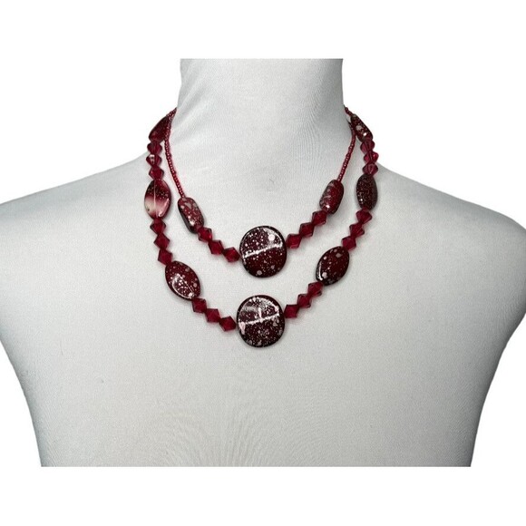 Red Double Strand Necklace Seed Bead Speckled Round Beaded 16” Lobster Claw - Picture 8 of 8